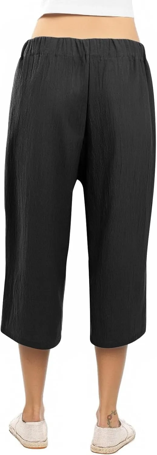 Linen Pants Women Casual High Waist Wide Leg Elastic Drawstring Pants Women with Pockets Lounge Comfy Summer Beach Trousers