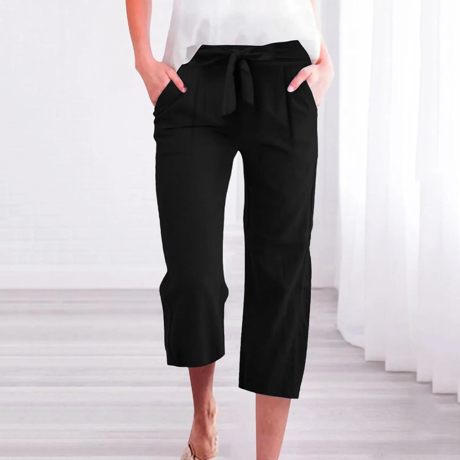 Linen Pants Women Casual High Waist Wide Leg Elastic Drawstring Pants Women with Pockets Lounge Comfy Summer Beach Trousers