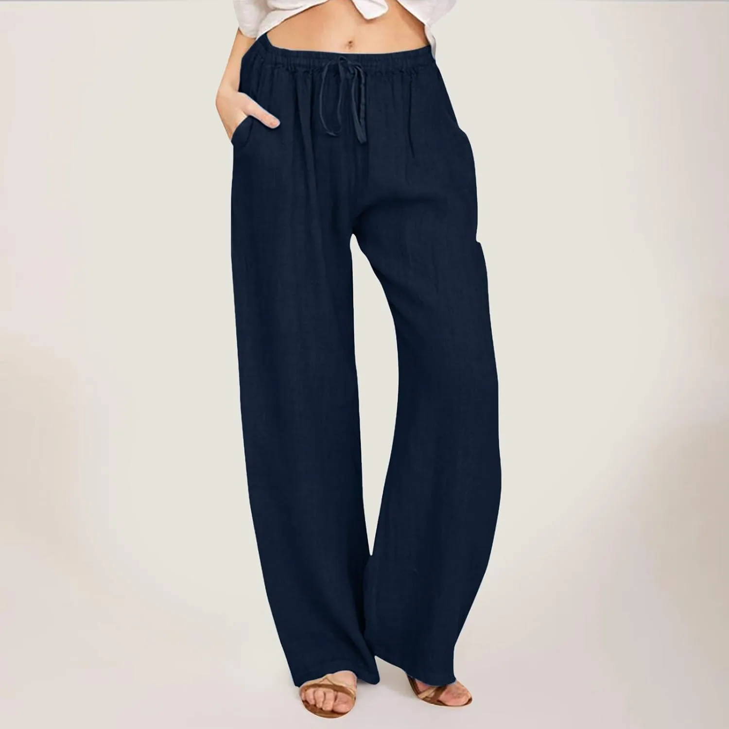Linen Pants Women High Waist Wide Leg Pants Summer Cotton Linen Pants Casual Beach Trousers with Pockets