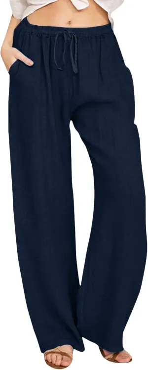 Linen Pants Women High Waist Wide Leg Pants Summer Cotton Linen Pants Casual Beach Trousers with Pockets