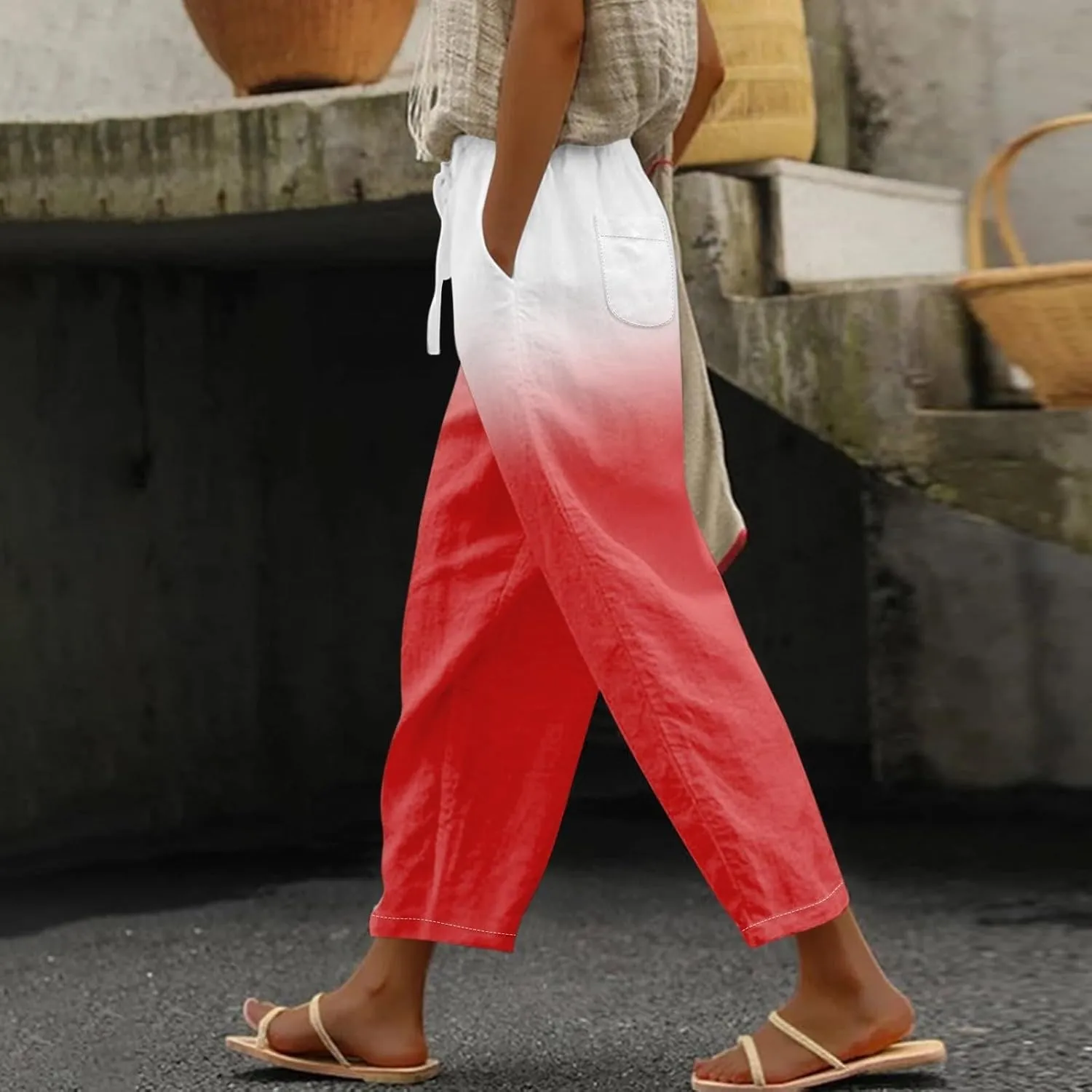 Linen Pants Women Petite 2025 Drawstring Pants Capri Pants 2025 Pants with Pockets Wide Leg Cropped Pants Linen