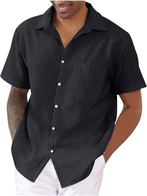 Linen Shirt for Men Summer Vacation Beach Short Sleeve Striped Button Down Casual Hawaiian Shirt