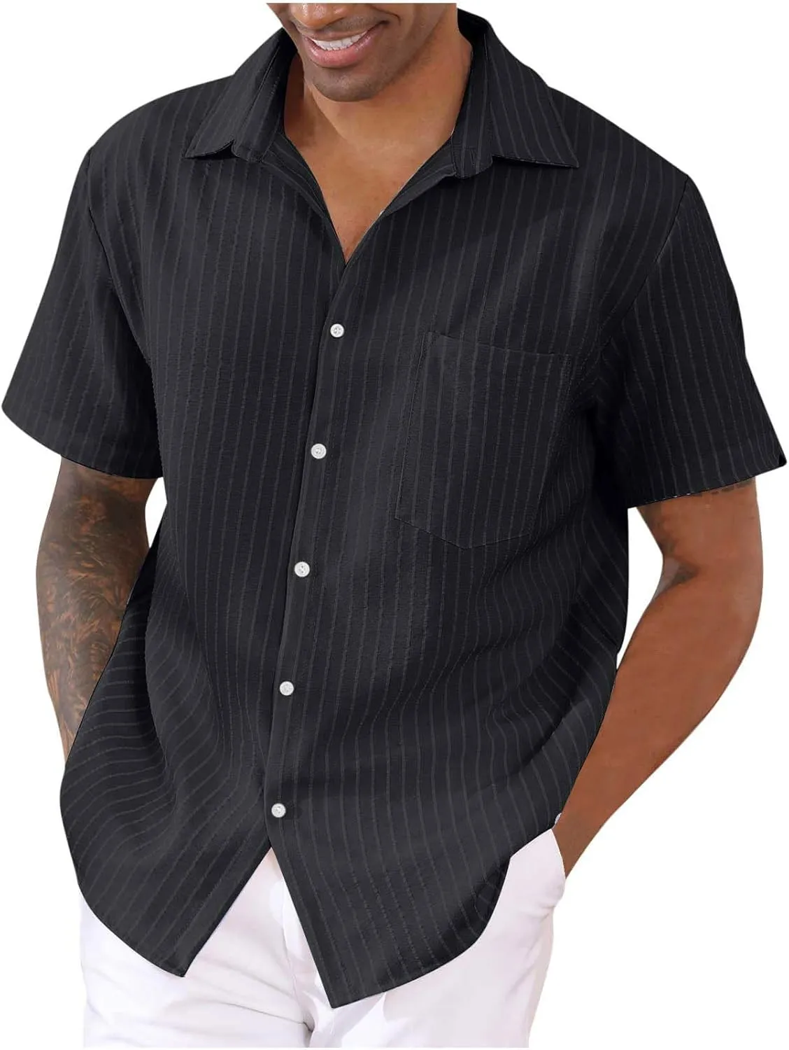 Linen Shirt for Men Summer Vacation Beach Short Sleeve Striped Button Down Casual Hawaiian Shirt