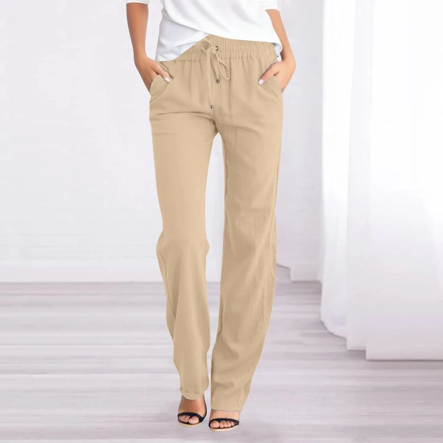Lmdudan 2025 Women's Cotton Linen Pants Summer High Waisted Palazzo Pants Wide Leg Drawstring Elastic Waist Loose Trousers