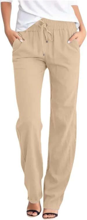 Lmdudan 2025 Women's Cotton Linen Pants Summer High Waisted Palazzo Pants Wide Leg Drawstring Elastic Waist Loose Trousers