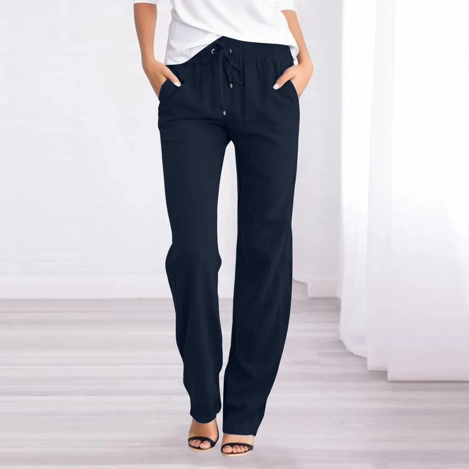 Lmdudan 2025 Women's Cotton Linen Pants Summer High Waisted Palazzo Pants Wide Leg Drawstring Elastic Waist Loose Trousers