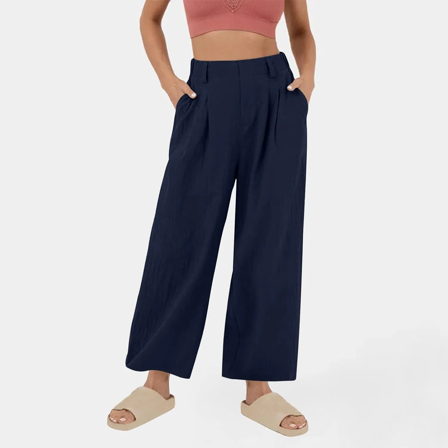 Lmdudan Cotton Linen Work Pants Women Business Casual Dressy Trousers Slacks Elastic High Waist Straight Leg Pant with Pocket