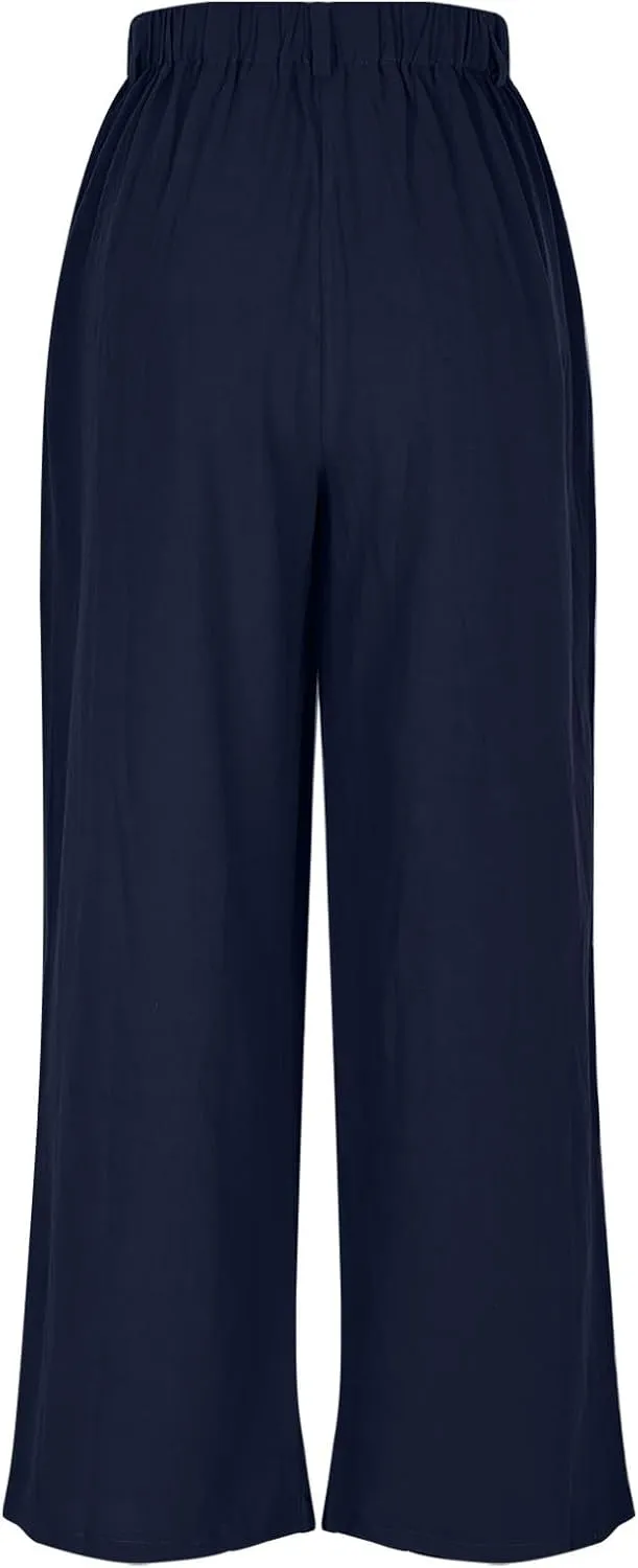 Lmdudan Cotton Linen Work Pants Women Business Casual Dressy Trousers Slacks Elastic High Waist Straight Leg Pant with Pocket