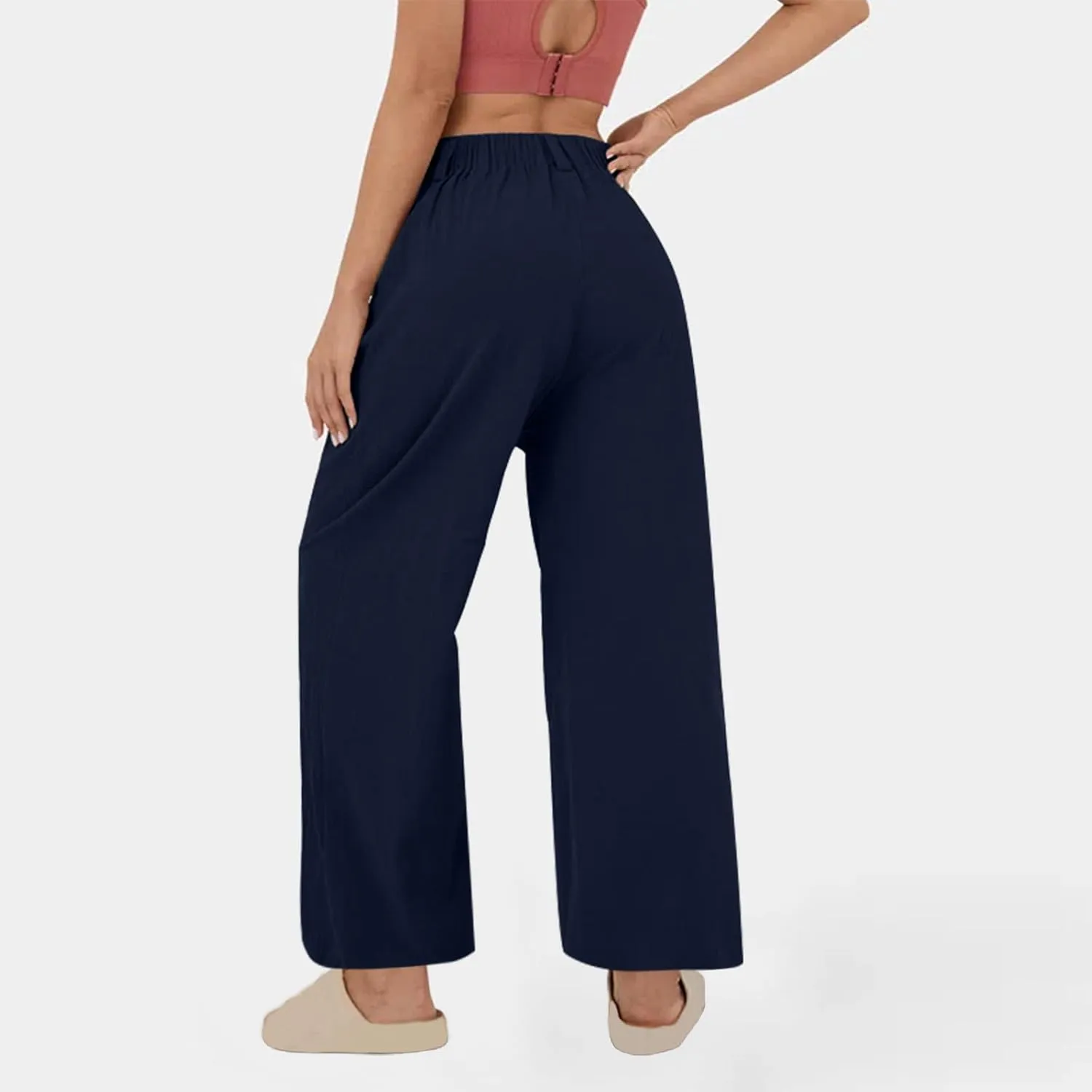 Lmdudan Cotton Linen Work Pants Women Business Casual Dressy Trousers Slacks Elastic High Waist Straight Leg Pant with Pocket