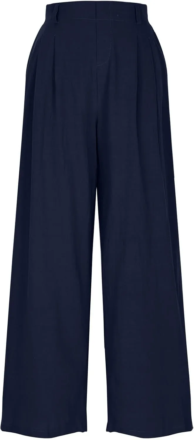 Lmdudan Cotton Linen Work Pants Women Business Casual Dressy Trousers Slacks Elastic High Waist Straight Leg Pant with Pocket
