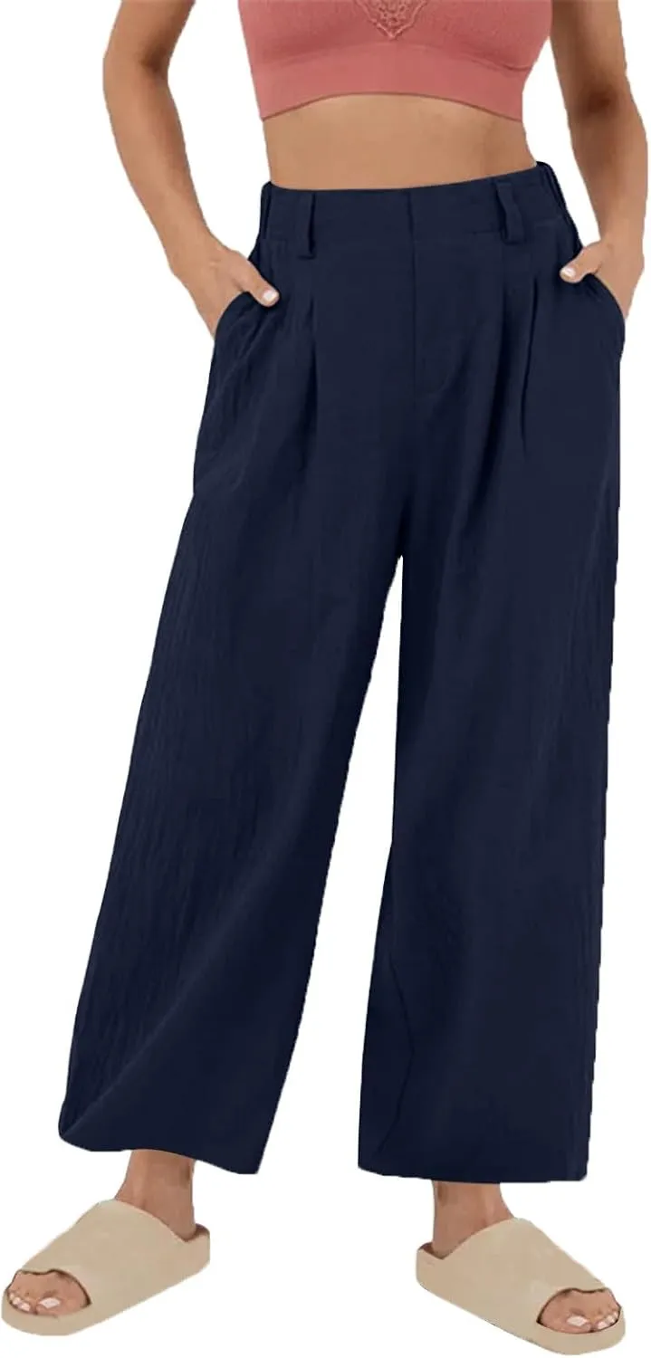 Lmdudan Cotton Linen Work Pants Women Business Casual Dressy Trousers Slacks Elastic High Waist Straight Leg Pant with Pocket