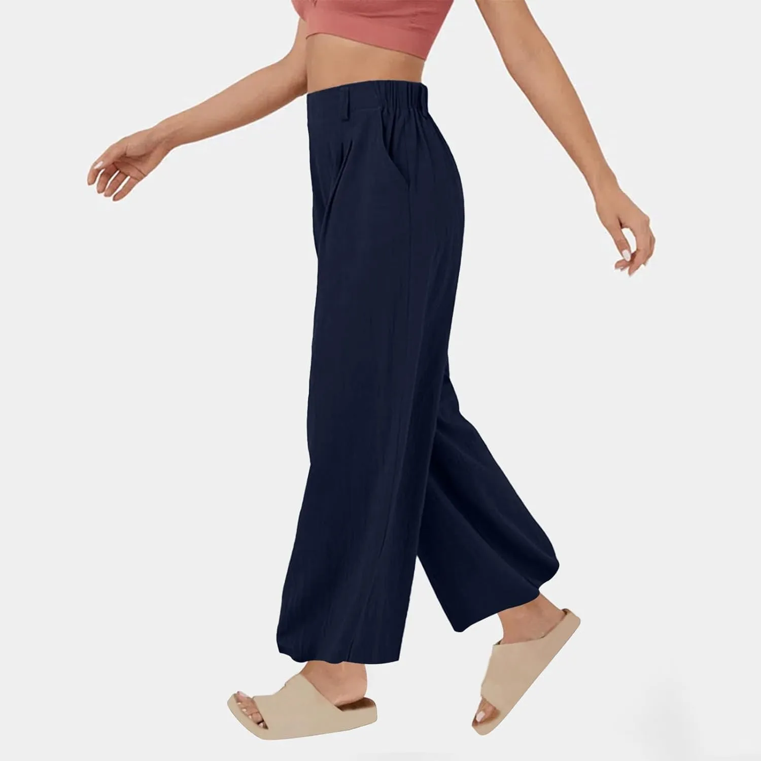 Lmdudan Cotton Linen Work Pants Women Business Casual Dressy Trousers Slacks Elastic High Waist Straight Leg Pant with Pocket