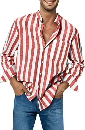 Long Sleeve Shirts for Men Button Up Cotton Linen Striped Casual Summer Dress Shirts Relaxed Fit Beach Work Tops with Pocket