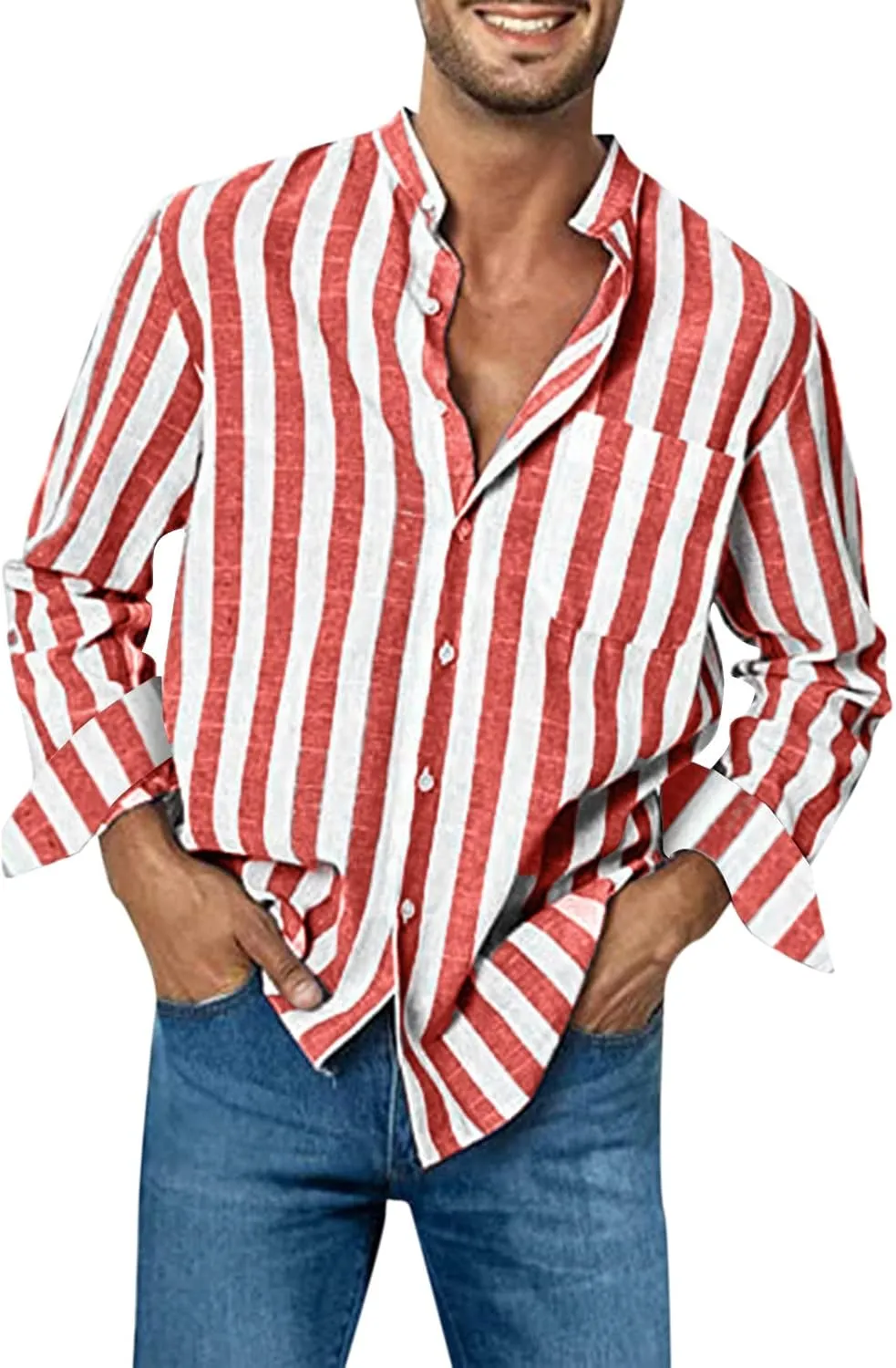 Long Sleeve Shirts for Men Button Up Cotton Linen Striped Casual Summer Dress Shirts Relaxed Fit Beach Work Tops with Pocket