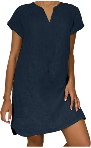 Loose Cotton Linen Dresses for Women 2024 Casual V-Neck Short Sleeve Solid Color Dress Summer Vintage Beach Sundress