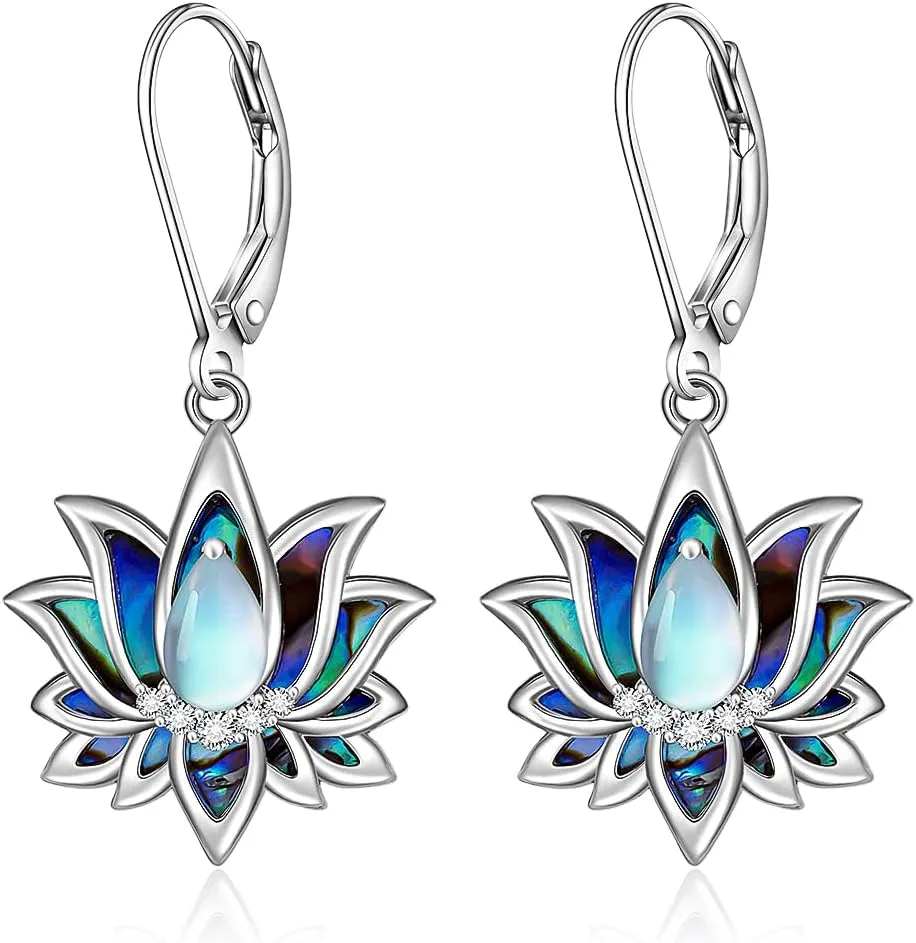 Lotus Flower Earrings for Women Abalone Shell Moonstone Sterling Silver Yoga Dangle Earrings Lotus Jewelry Mothers Day Christmas Gifts