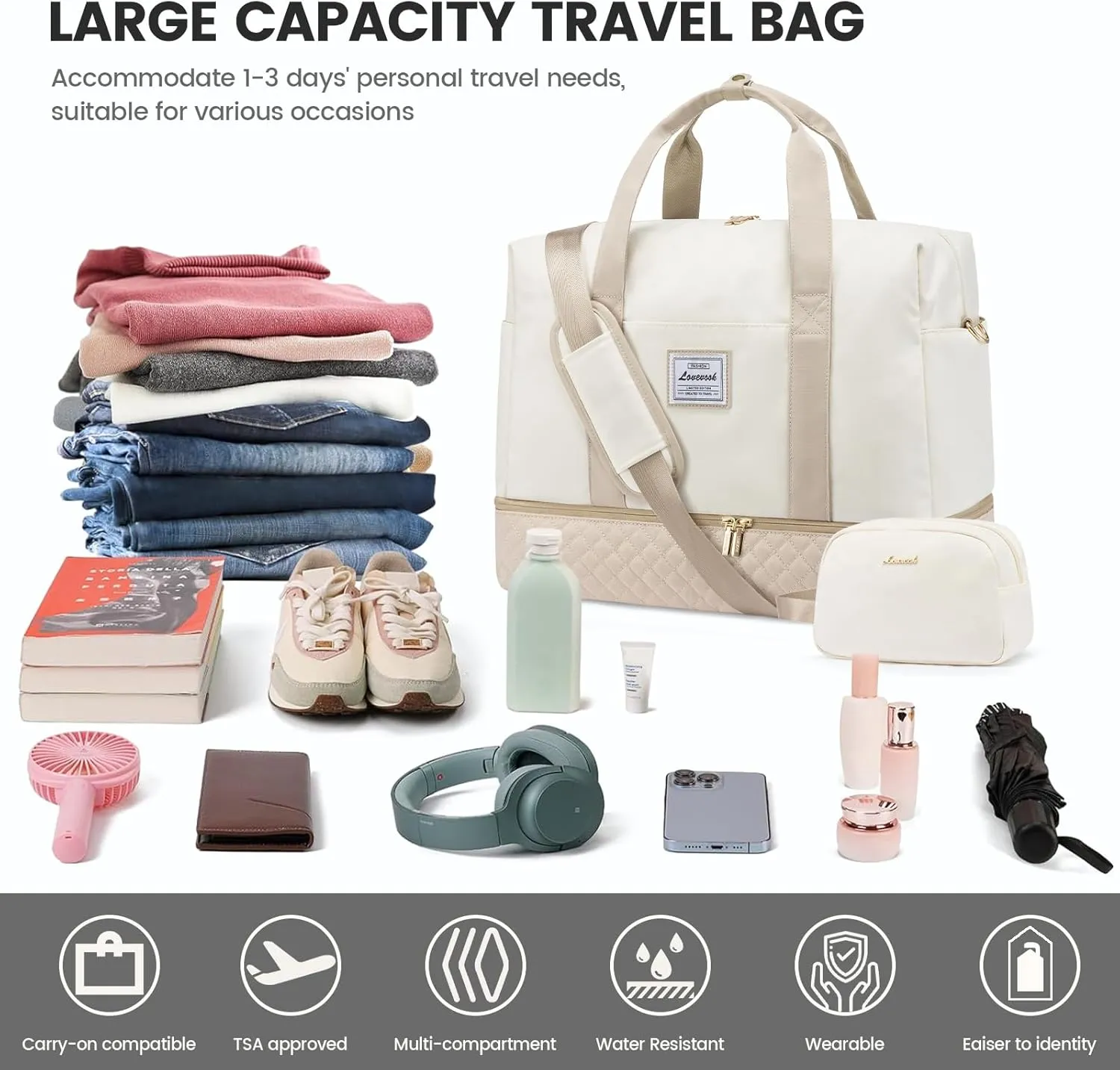 LOVEVOOK Travel Duffel Bag, 18inch Weekender Bags for Women with Shoe Compartment35L Carry on Overnight Bag with Toiletry Bag, Gym Duffel Bag with Wet Pocket, Hospital Bags for Labor and Deliver