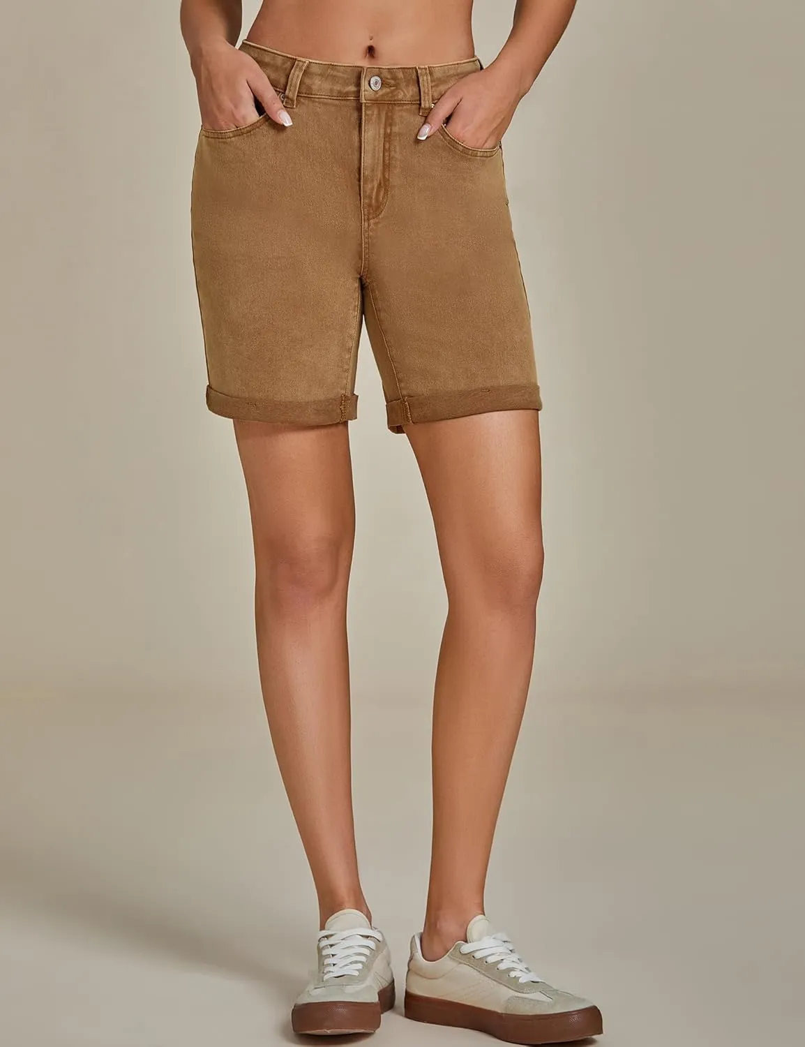 luvamia Jean Shorts for Women High Waisted Trendy Causal Summer Fold Hem Stretchy Long Denim Shorts 7 Inch Inseam