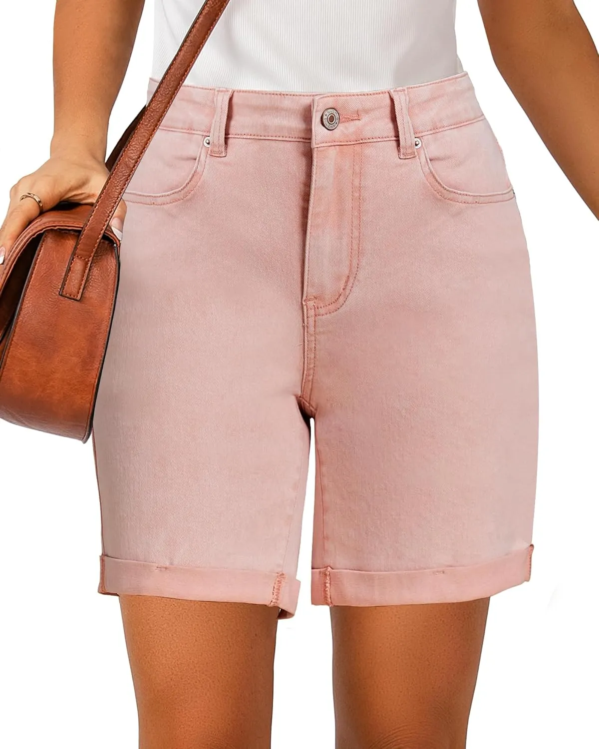 luvamia Jean Shorts for Women High Waisted Trendy Causal Summer Fold Hem Stretchy Long Denim Shorts 7 Inch Inseam