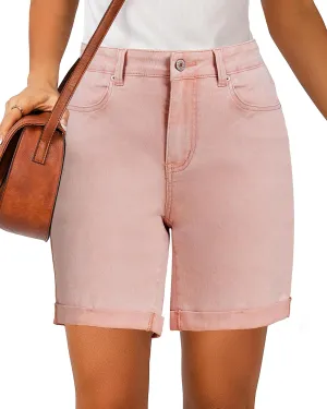 luvamia Jean Shorts for Women High Waisted Trendy Causal Summer Fold Hem Stretchy Long Denim Shorts 7 Inch Inseam