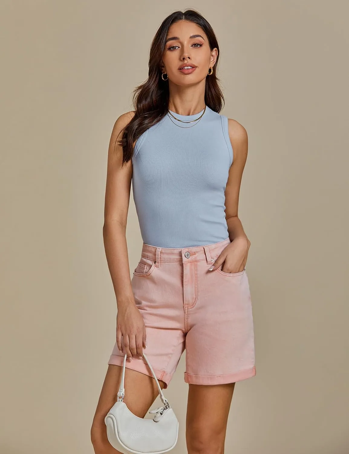 luvamia Jean Shorts for Women High Waisted Trendy Causal Summer Fold Hem Stretchy Long Denim Shorts 7 Inch Inseam