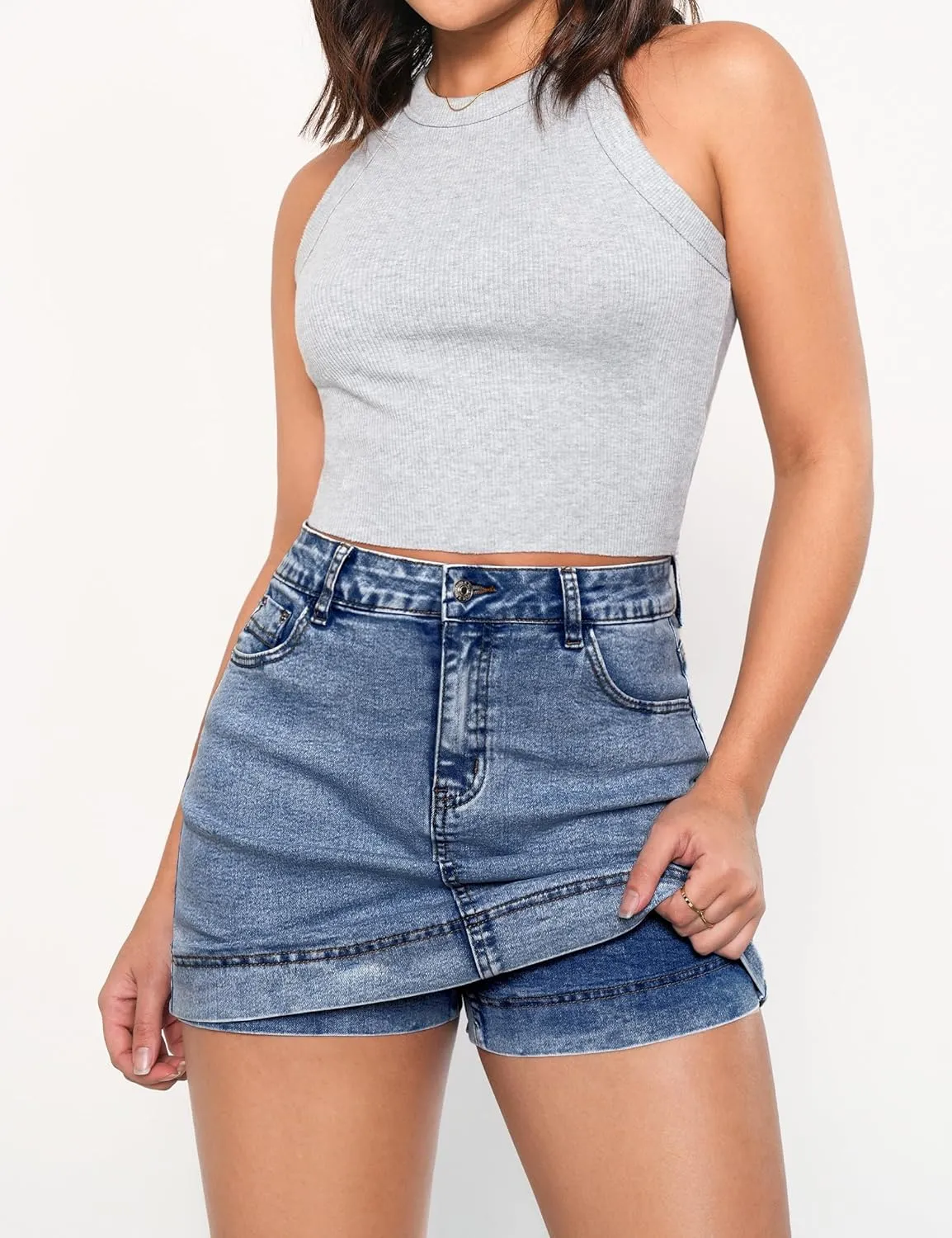 luvamia Jean Skorts for Woman Trendy High Waisted Stretchy Denim Skirt with Shorts Y2K Mini Skort Skirts Country Concert