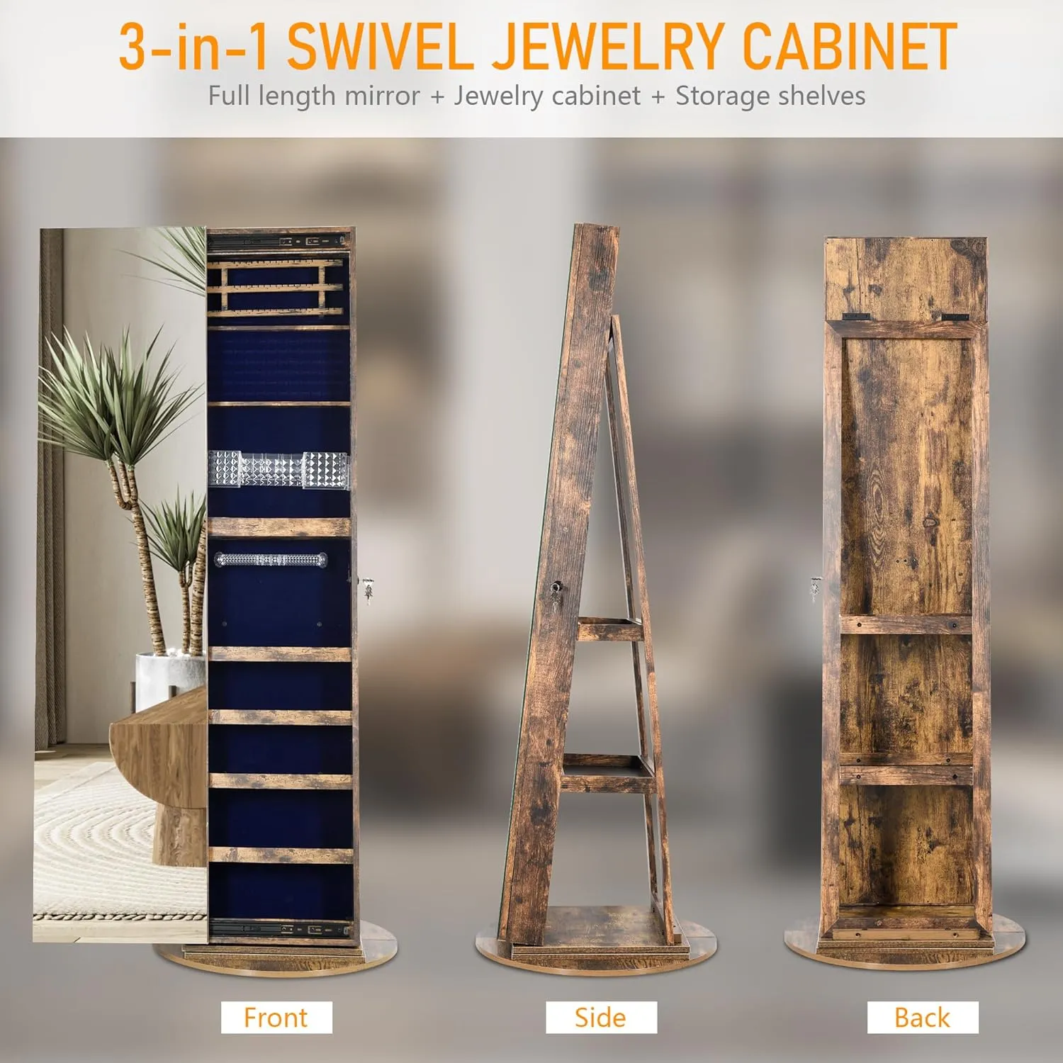 LVSOMT 360 Swivel Jewelry Mirror Cabinet with Lights, Standing Jewelry Armoire Organizer, 63" Stand Up Full Length Mirror with Jewelry Storage, Lockable with Back Storage Shelve