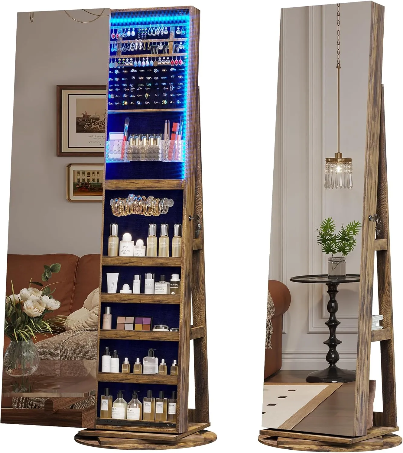 LVSOMT 360 Swivel Jewelry Mirror Cabinet with Lights, Standing Jewelry Armoire Organizer, 63" Stand Up Full Length Mirror with Jewelry Storage, Lockable with Back Storage Shelve