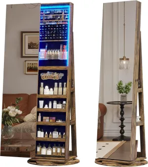 LVSOMT 360 Swivel Jewelry Mirror Cabinet with Lights, Standing Jewelry Armoire Organizer, 63" Stand Up Full Length Mirror with Jewelry Storage, Lockable with Back Storage Shelve