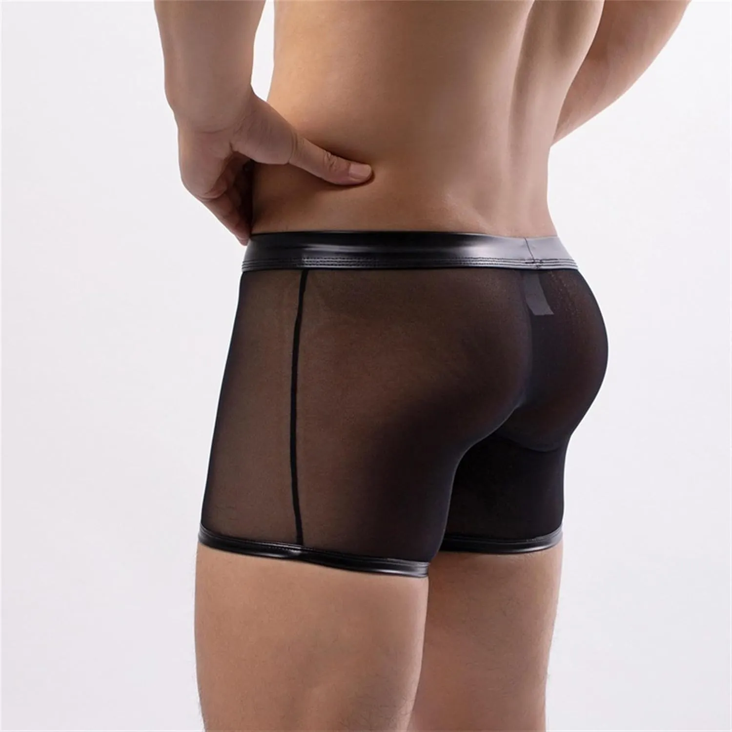 Maiyifu-GJ Men's See Through Sexy Underwear Faux Leather Breathable Mesh Bulge Pouch Briefs Low Rise Short Leg Underpants