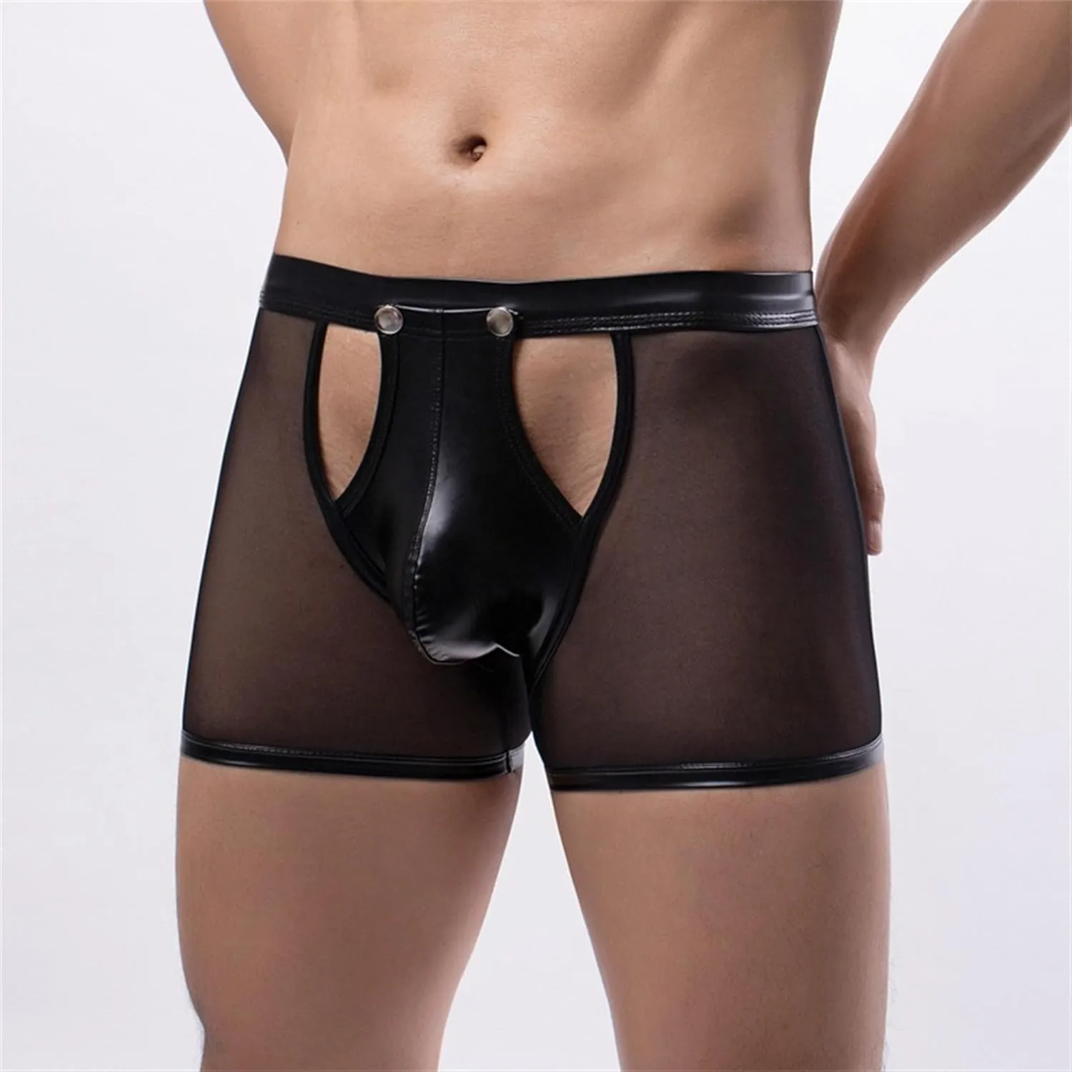 Maiyifu-GJ Men's See Through Sexy Underwear Faux Leather Breathable Mesh Bulge Pouch Briefs Low Rise Short Leg Underpants