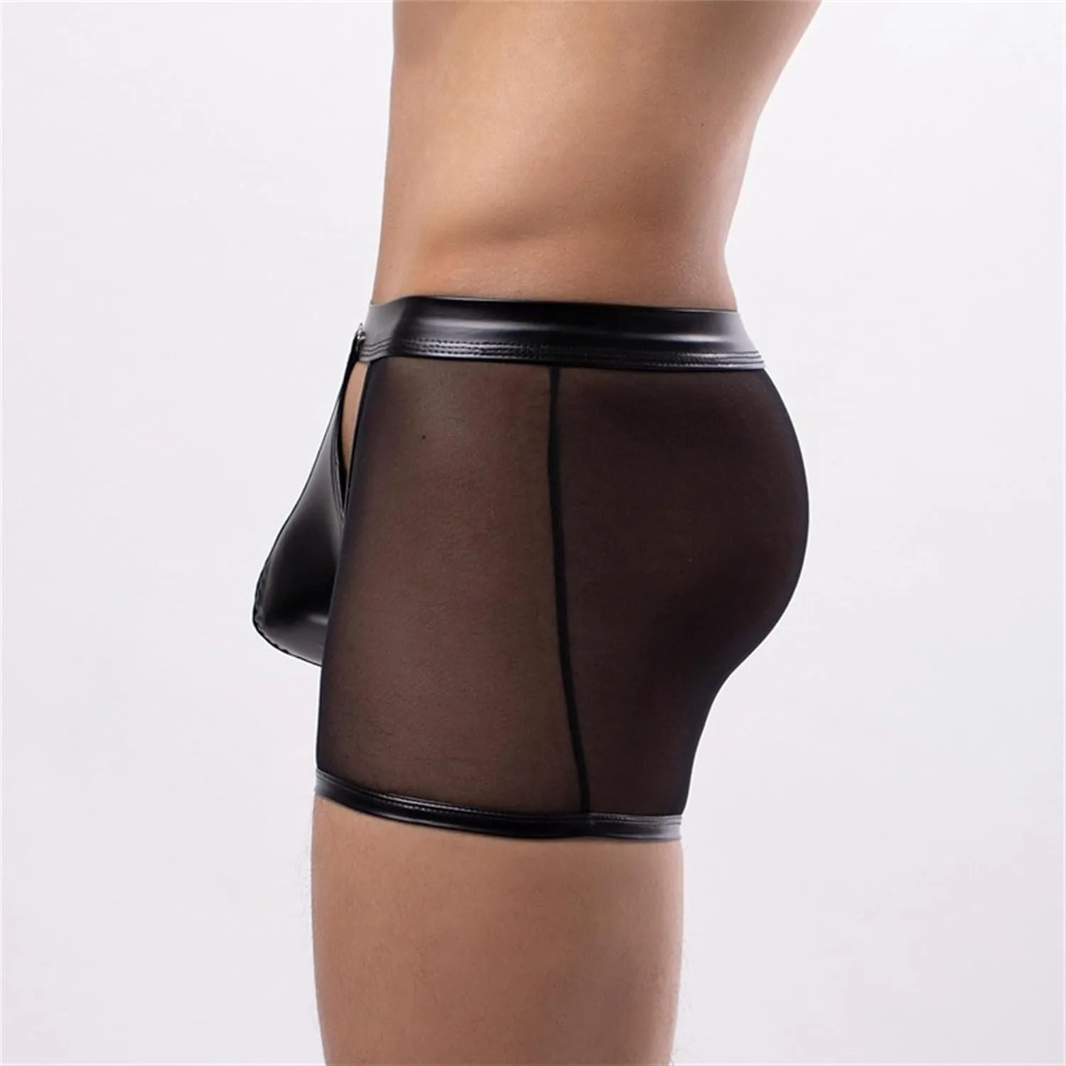 Maiyifu-GJ Men's See Through Sexy Underwear Faux Leather Breathable Mesh Bulge Pouch Briefs Low Rise Short Leg Underpants