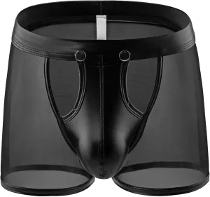Maiyifu-GJ Men's See Through Sexy Underwear Faux Leather Breathable Mesh Bulge Pouch Briefs Low Rise Short Leg Underpants