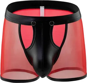 Maiyifu-GJ Men's See Through Sexy Underwear Faux Leather Breathable Mesh Bulge Pouch Briefs Low Rise Short Leg Underpants