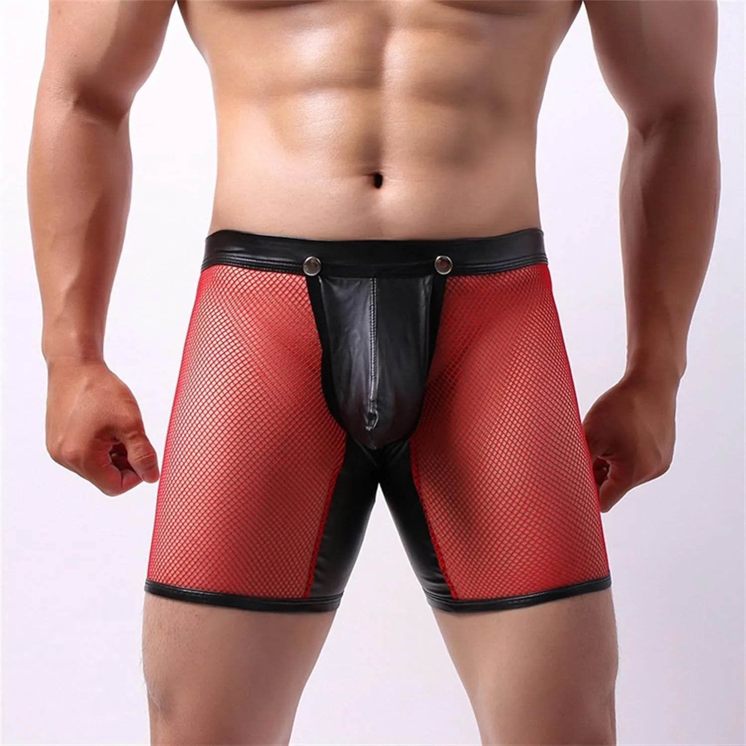 Maiyifu-GJ Men's See Through Underwear Faux Leather Sexy Shorts Breathable Mesh Low Rise Briefs Short Pants Fishnet Panties