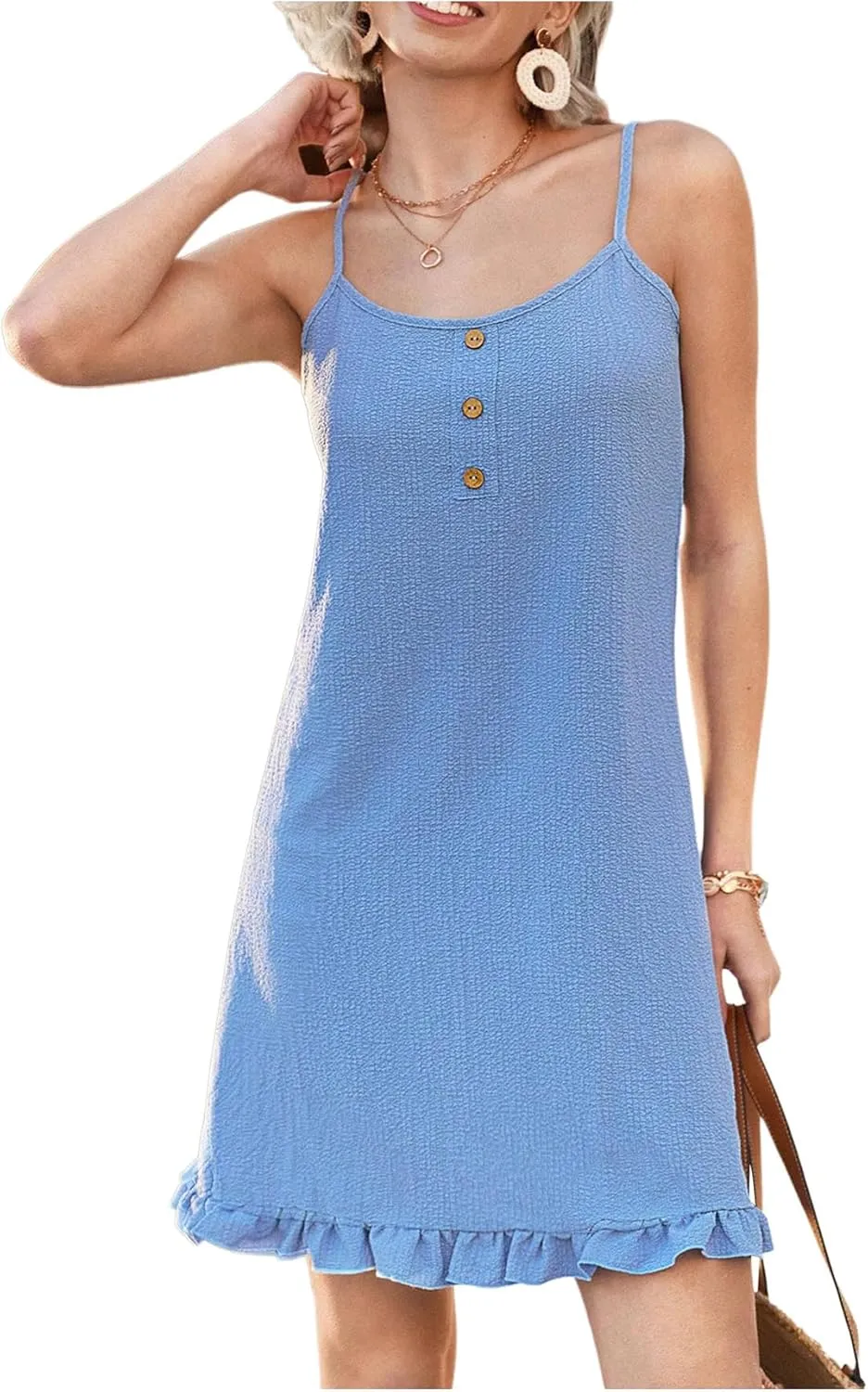MakeMeChic Women's Summer Mini Dresses Spaghetti Straps Button Front Cami Dress Ruffle Hem Vacation Dresses