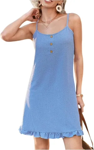 MakeMeChic Women's Summer Mini Dresses Spaghetti Straps Button Front Cami Dress Ruffle Hem Vacation Dresses