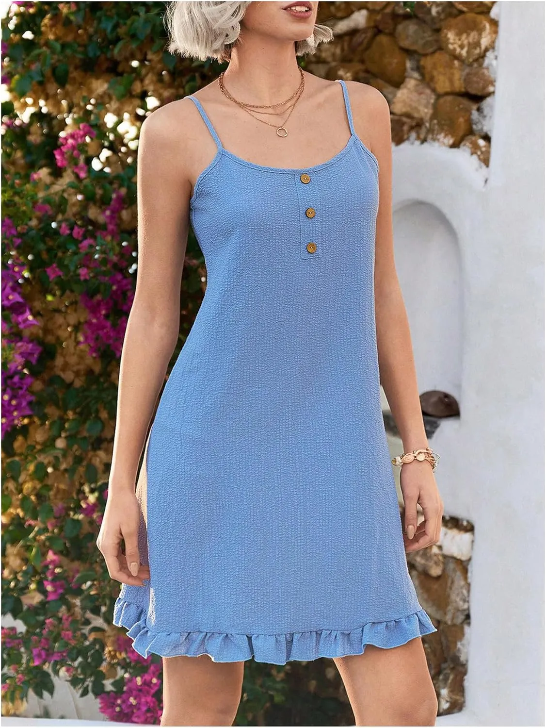 MakeMeChic Women's Summer Mini Dresses Spaghetti Straps Button Front Cami Dress Ruffle Hem Vacation Dresses