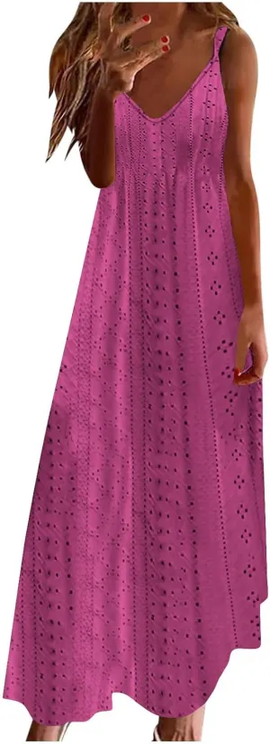 Maxi Dresses for Women 2025 Spaghetti Strap V Neck Boho Beach Flowy Sundress Summer Sleeveless Long Eyelet Dress