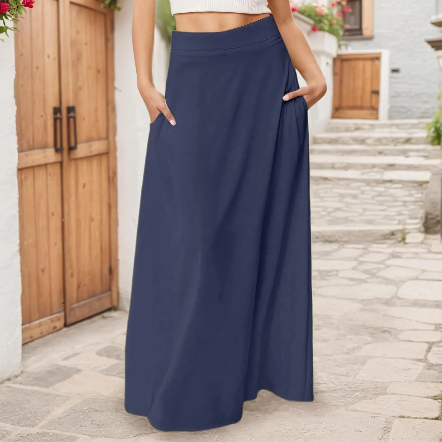 Maxi Skirts for Women 2025 Summer Boho Flowy A-Line Long Skirts Elastic Waist Summer Skirts with Pockets