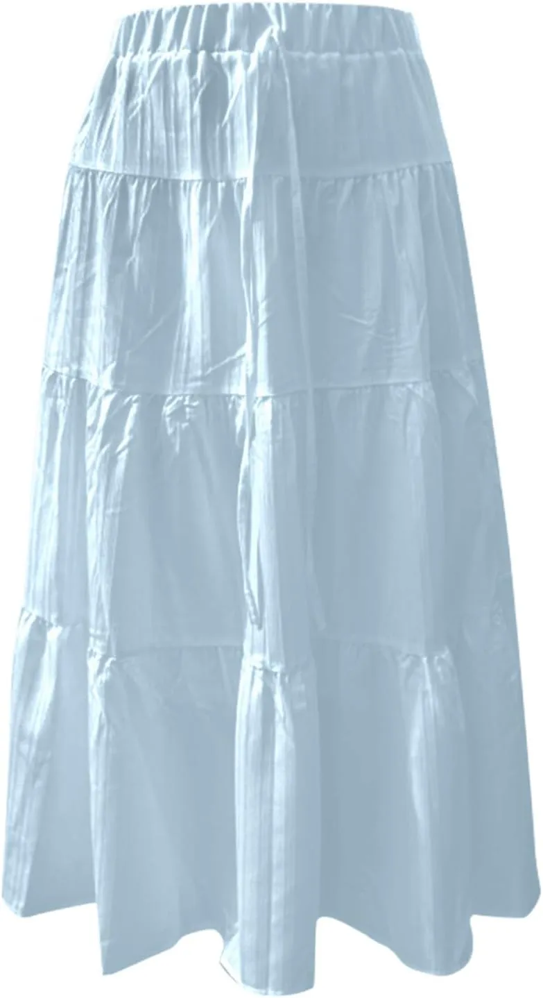 Maxi Skirts for Women with Pockets Cotton Linen Casual Boho Ruffled Tiered Long Skirt Flowy Summer Beach Skorts