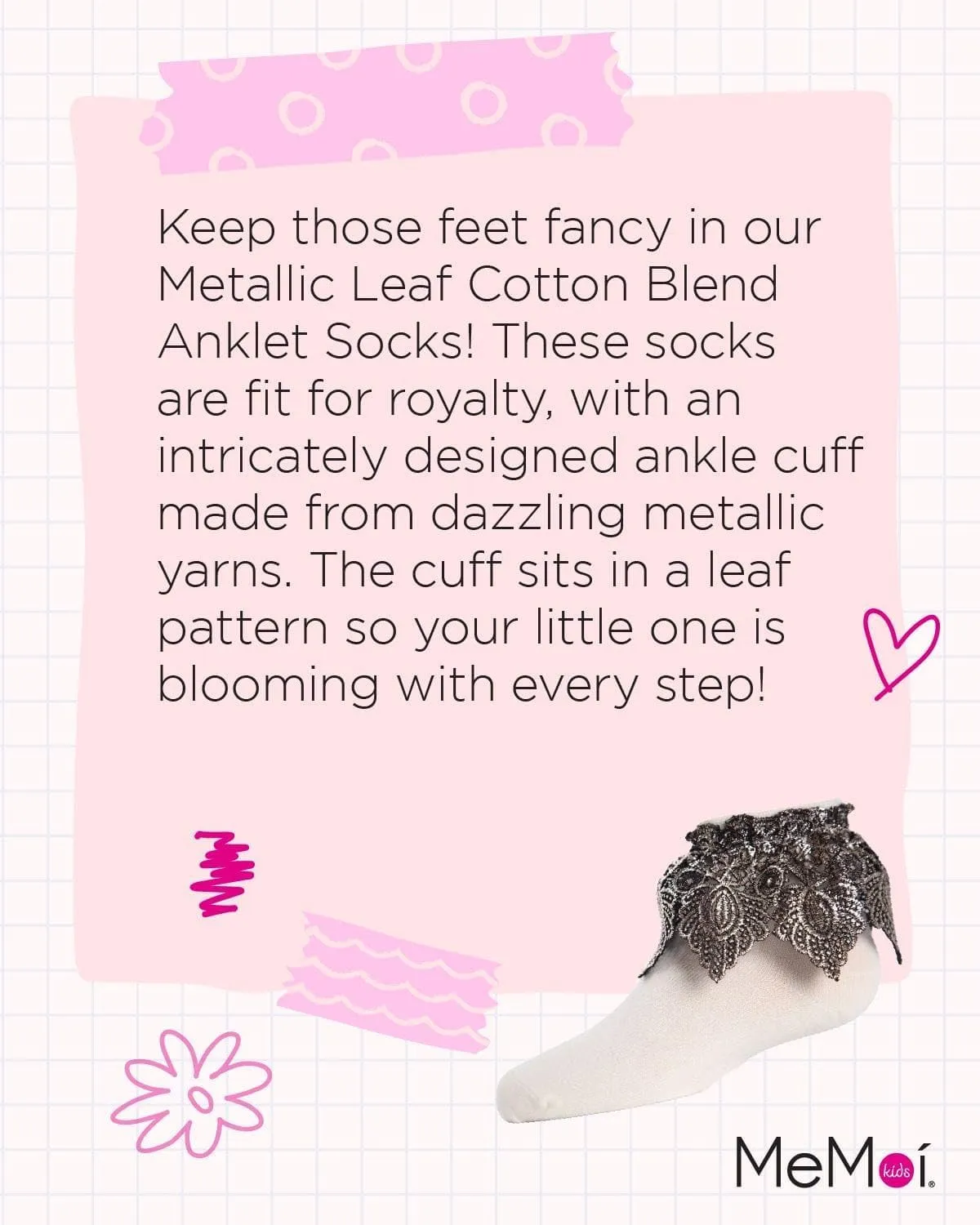 MeMoi Metallic Leaf Girls Cotton Blend Anklet Socks