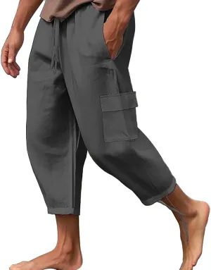 Men Linen Cotton Capri Pants Loose Fit Open Bottom Lounge Long Shorts Multi Pockets Lightweight Summer Hippie Yoga Pant