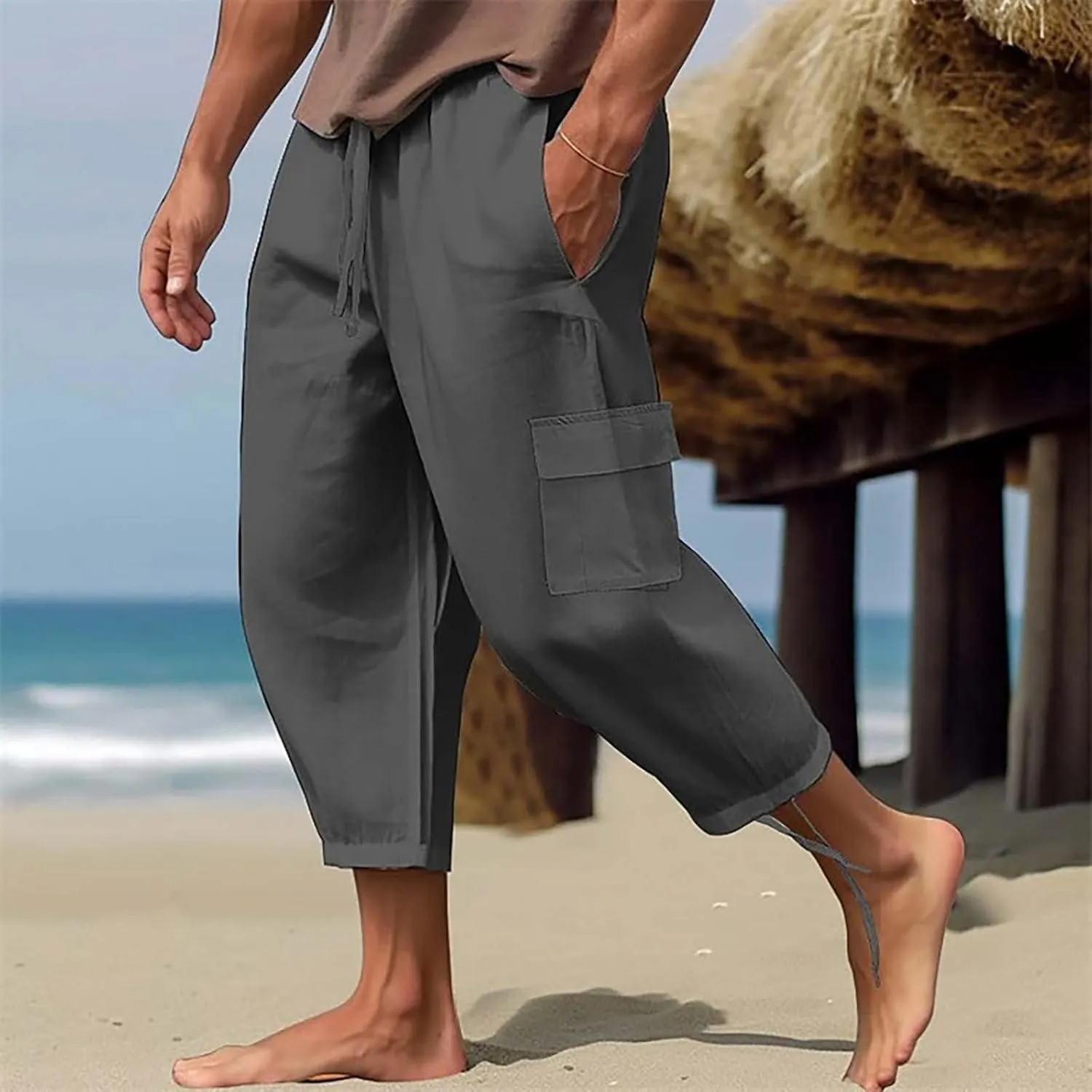 Men Linen Cotton Capri Pants Loose Fit Open Bottom Lounge Long Shorts Multi Pockets Lightweight Summer Hippie Yoga Pant