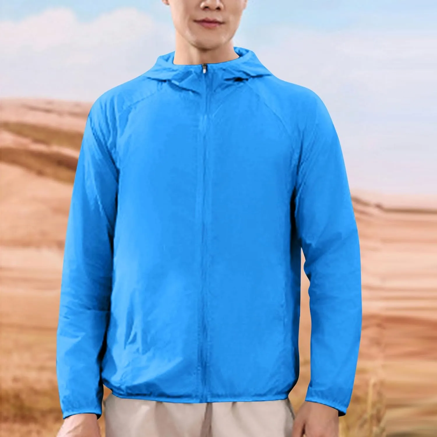 Men UPF 50  Sun Protection Hoodie Jacket Full Zip Long Sleeve Lightweight Summer Outdoor Hiking Windbreaker w/Pockets