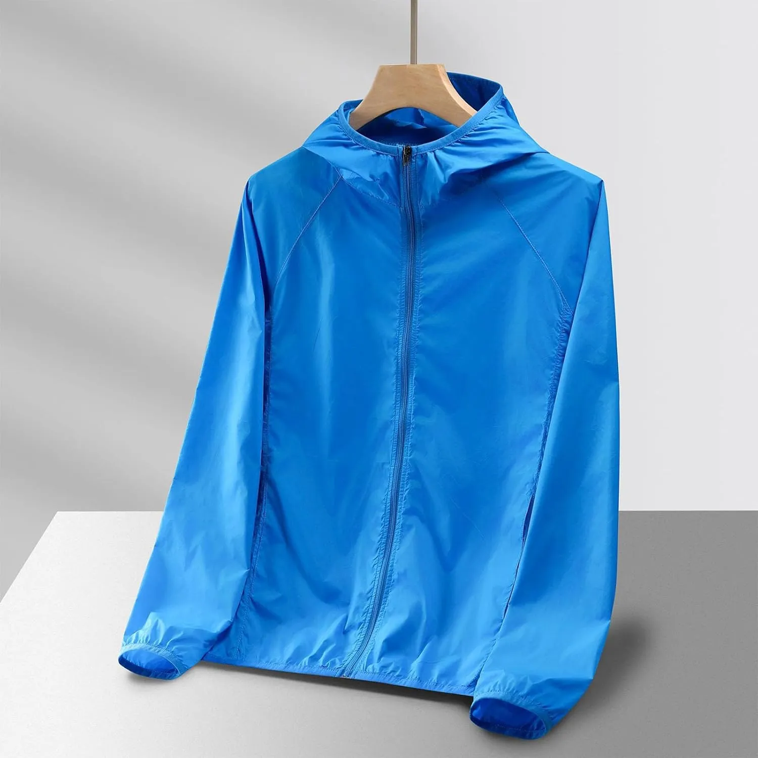 Men UPF 50  Sun Protection Hoodie Jacket Full Zip Long Sleeve Lightweight Summer Outdoor Hiking Windbreaker w/Pockets