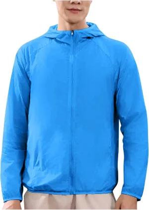 Men UPF 50  Sun Protection Hoodie Jacket Full Zip Long Sleeve Lightweight Summer Outdoor Hiking Windbreaker w/Pockets