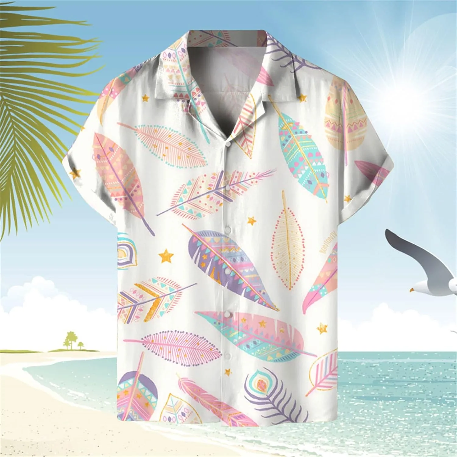Mens 2024 Summer Hawaiian Shirt Digital Print Plus Size Combat Casual Lapel Shirts Button Down Lightweight Holiday Beach Tops