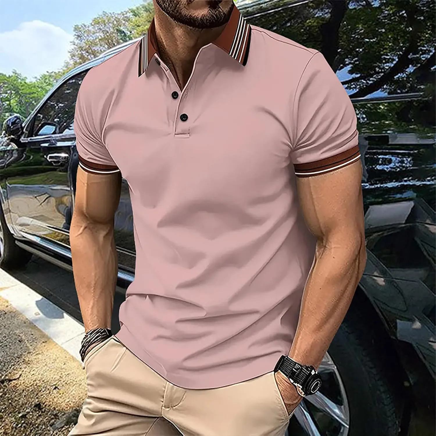 Mens Athletic Short Sleeve Polo Shirts 2025 Casual Golf Shirts Buttons Collared Solid T Shirts with Pocket