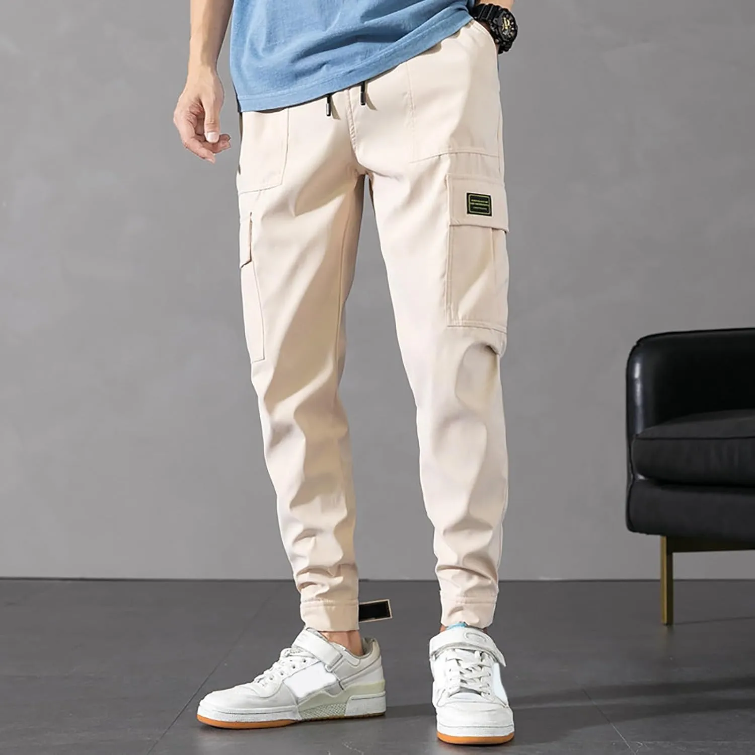 Men's Cargo Pants Sports Jogging Trousers Pockets Belt Chinos Pants Men Slim Fit Men's Lightweight Tactical Pants,
